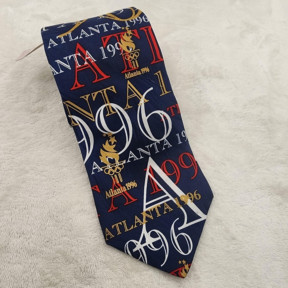 VINTAGE 1996 Atlanta Olympics Necktie Mens Navy AOP Ralph Marlin Made In USA‎
